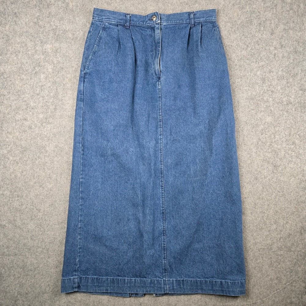 Vtg 90s J.Crew Denim Maxi Skirt Womens 14 Blue Pleated Cotton Made in USA